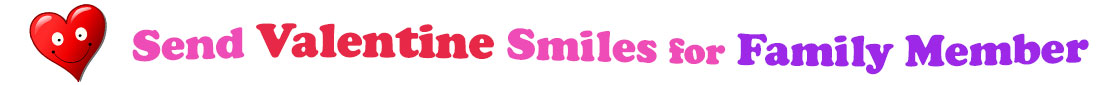 A title and an icon at the top of the Valentine's Day eCards for Family Member page. On the left side, slightly tilted, is a red heart with two big eyes and a wide smile. To its right is the title of the page in red, purple and pink letters that reads, "Send Valentine's Day Smiles for Family Member."