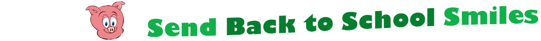 The "Send Back to School Smiles" has the face of a pig that looks like "Porgy Pig", pink with a smiling face and curly ears. The words for "Send Back to School Smiles" have colours; green apple colour at "send", dark green at "back to school" and green apple colour again at "smiles". The sentences are next to the cute pig face where at the first line we read "send back to" and under at the second line we have "school smiles".  The line are slightly curvy and at the smallest banner image, all the words are on one line.