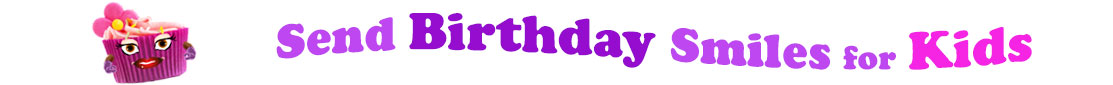 The banner image for this funny birthday category has a loverly cupcake with eyes that have long lashes and lip with shiny red lipstick and a sweet smile, arms with purple gloves. The paper around the cupcake is purple. There is pink icing at the top of the cupcakes with a lovely pink flower with a yellow center and there are a few sprinkles on the top of the icing. At the right of the cupcake are the following words "Send Birthday Smiles for Kids". Send is light purple, birthday is deep purple, smiles is also light purple, for is light purple as well and kids is bright pink. The words are set in two curvy lines and on the first line is the word "send", then on the second line are the words "birthday smiles" and under, at the third line are "for kids". At the smaller icon, the words are on one curvy line.