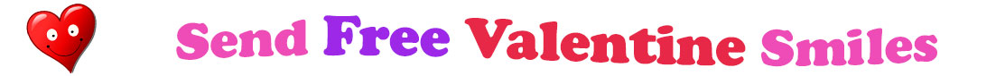 A title and an icon at the top of the Free Valentine's Day eCards page. On the left side, slightly tilted, is a red heart with two big eyes and a wide smile. To its right is the title of the page in red, purple and pink letters that reads, "Send Free Valentine's Day Smiles."