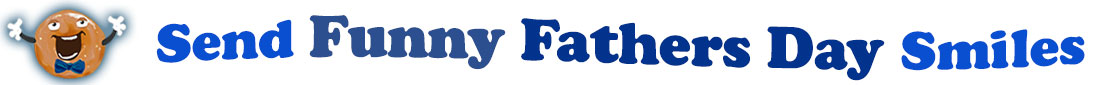 The banner image for this Funny Fathers' Day ecards category has a Singing donut on the right side. He wears a bow tie and has upraised little arms and hands with white gloves. At the right of the singing donut are the following words "Send Funny Fathers' Day Smiles". The text is in 2 shades of blue. royal blue and dark blue. The words are set in two curvy lines and on the first line is the word "send Funny", then on the second line are the words "Fathers' Day Smiles". The words are set in a curvy line. The image is at the top of the Funny Fathers' Day ecards page.
