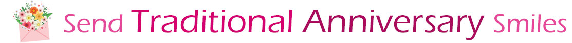 The "Send Traditional Anniversary Smiles" banner has a drawing of a pink envelope on the left side with a beautiful bouquet of assorted flowers sticking our of the envelope. Next to the envelope with bouquet is a title saying, "Send Anniversary smiles" which refers to the Anniversary ecards on this page. The words are in pink and burgundy.