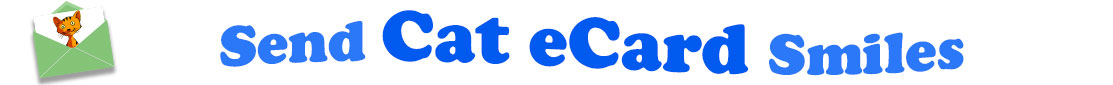 The banner image for this ecards category has a light green envelope on the right side. The envelope is open and a piece of white card or paper is half pulled up from inside. On the card we see a cartoon orange tabby cat's head and shoulders. At the right of the envelope are the following words "Send Cat eCard Smiles". The word "eCard" is in blue and the words "Send " and "Smiles" are in lighter blue. The words are set in a curvy line. The image is at the top of the Cat eCards page.