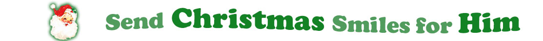 To the left side of this banner for the Christmas ecards page is an emblem of Santa Claus showing only his head. With his big white beard, his red hat with a little piece of mistletoe around the white fur border, he has red cheeks and nose, and a sweet smile. Next to Santa clause is a title where saying "Send Christmas Smiles for Him" with words in Kelly green and dark green.