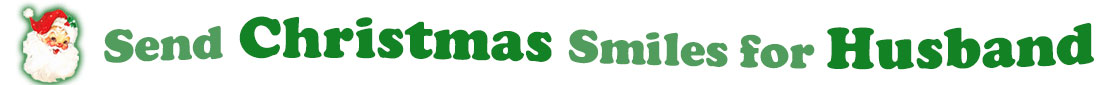 To the left side of this banner for the Christmas ecards page is an emblem of Santa Claus showing only his head. With his big white beard, his red hat with a little piece of mistletoe around the white fur border, he has red cheeks and nose, and a sweet smile. Next to Santa clause is a title where saying "Send Christmas Smiles for Husband" with words in Kelly green and dark green.