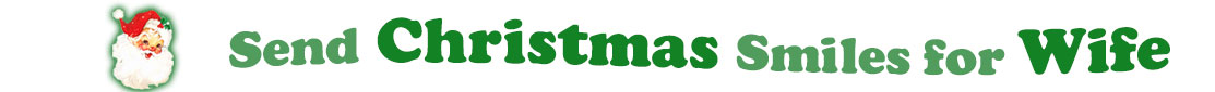 To the left side of this banner for the Christmas ecards page is an emblem of Santa Claus showing only his head. With his big white beard, his red hat with a little piece of mistletoe around the white fur border, he has red cheeks and nose, and a sweet smile. Next to Santa clause is a title where saying "Send Christmas Smiles for Wife" with words in Kelly green and dark green.