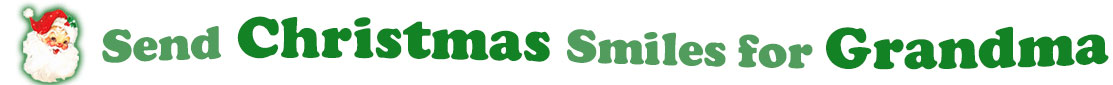 To the left side of this banner for the Christmas ecards page is an emblem of Santa Claus showing only his head. With his big white beard, his red hat with a little piece of mistletoe around the white fur border, he has red cheeks and nose, and a sweet smile. Next to Santa clause is a title where saying "Send Christmas Smiles for Grandma" with words in Kelly green and dark green.