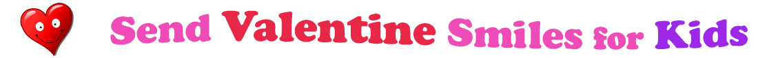 A title and an icon at the top of the Valentine's Day eCards for Kids page. On the left side, slightly tilted, is a red heart with two big eyes and a wide smile. To its right is the title of the page in red, purple and pink letters that reads, "Send Valentine's Day Smiles for Kids."