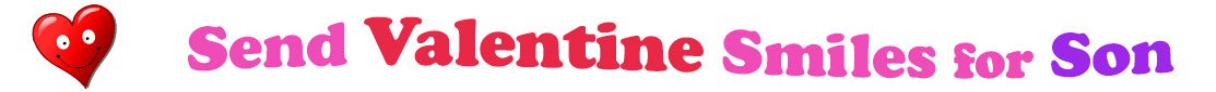 A title and an icon at the top of the Valentine's Day eCards for Son page. On the left side, slightly tilted, is a red heart with two big eyes and a wide smile. To its right is the title of the page in red, purple and pink letters that reads, "Send Valentine's Day Smiles for Son."