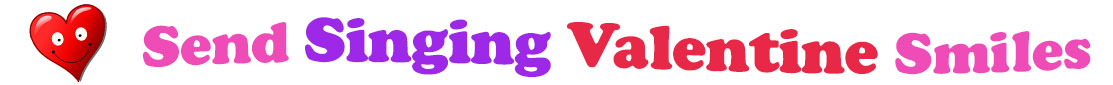A title and an icon at the top of the Singing Valentine's Day eCards page. On the left side, slightly tilted, is a red heart with two big eyes and a wide smile. To its right is the title of the page in red, purple and pink letters that reads, "Send Singing Valentine's Day Smiles."