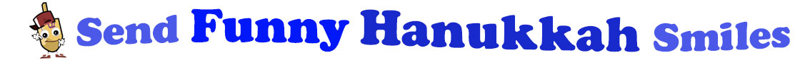 The banner for the "Send Funny Hanukkah Smiles" has for emblem a dreidel with a face that has googly eyes, a smile as well as hands with white gloves and shoes on. Next to it is the banner where at the top line we have "send" in light blue and next to it "Funny" is bright blue, under it we have "Hanukkah" in dark blue and larger letters and under it, at the third line is the word smiles in light blue as well.  At the smallest banner, all the words are on one line.