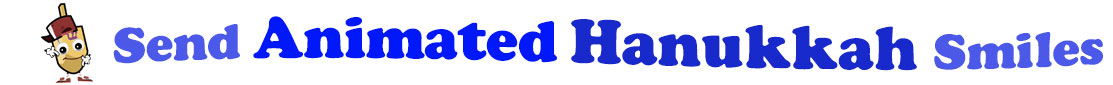 The banner for the "Send Animated Hanukkah Smiles" has for emblem a dreidel with a face that has googly eyes, a smile as well as hands with white gloves and shoes on. Next to it is the banner where at the top line we have "send" in light blue and next to it "Animated" is bright blue, under it we have "Hanukkah" in dark blue and larger letters and under it, at the third line is the word smiles in light blue as well.  At the smallest banner, all the words are on one line.