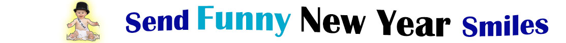 The "Send Funny New Year Smiles" banner has a cute baby in a white diaper wearing a black top hat along with a sash saying "New Year" across his torso. He has a smiling grid and is open arms. Next to it is the banner at the top with the word "Send Funny" where are the word send is in dark blue and the word Funny is in turquoise. Under it in black letter is "New Year "and then next to it is the word "Smiles" in dark blue. At the smallest banner, all the words are in one line.