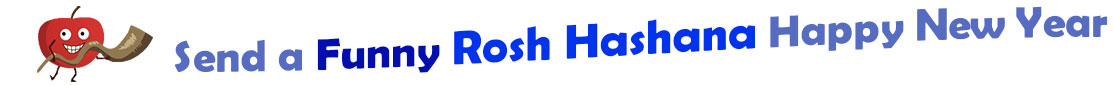 The "Send a Funny Rosh Hashana Happy New Year" banner has for emblem a jolly and happy apple with arms, legs and a face and it is holding a shofar. Next to it are the words of the banner "Send a Funny Rosh Hashana Happy New Year" in colour: the "send a" are grey, "Funny" is dark blue, "Rosh Hashana" are dark blue and "Happy New Year" are also grey. They are set in 3 separate curvy lines, one on top of the other with "send a funny" at the top, under it is "Rosh Hashana" and at the bottom "Happy New Year".  At the smallest banner, all the words are on one line.