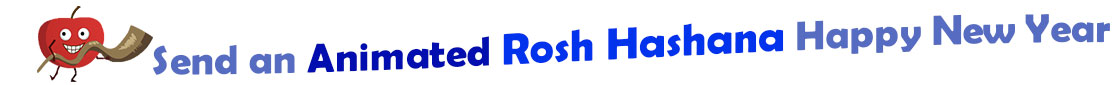 The "Send an Animated Rosh Hashana Happy New Year" banner has for emblem a jolly and happy apple with arms, legs and a face and it is holding a shofar. Next to it are the words of the banner  "Send an Animated Rosh Hashana Happy New Year" in colour: the "send an" are grey, "Animated" is dark blue, "Rosh Hashana" are dark blue and "Happy New Year" are also grey. They are set in 3 separate curvy lines, one on top of the other with "send an Animated" at the top, under it is "Rosh Hashana" and at the bottom "Happy New Year".  At the smallest banner, all the words are on one line.