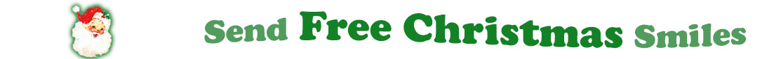 To the left side of this banner for the Christmas ecards page is an emblem of Santa Claus showing only his head. With his big white beard, his red hat with a little piece of mistletoe around the white fur border, he has red cheeks and nose, and a sweet smile. Next to Santa clause is a title where saying "Send Free Christmas Smiles" with words in Kelly green and dark  green.