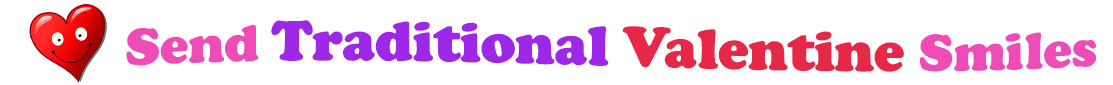A title and an icon at the top of the Traditional Valentine's Day eCards page. On the left side, slightly tilted, is a red heart with two big eyes and a wide smile. To its right is the title of the page in red, purple and pink letters that reads, "Send Traditional Valentine's Day Smiles."