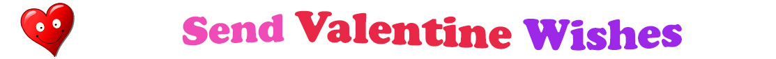 A title and an icon at the top of the Wishes Valentine's Day eCards page. On the left side, slightly tilted, is a red heart with two big eyes and a wide smile. To its right is the title of the page in red, purple and pink letters that reads, "Send Wishes Valentine's Day Smiles."