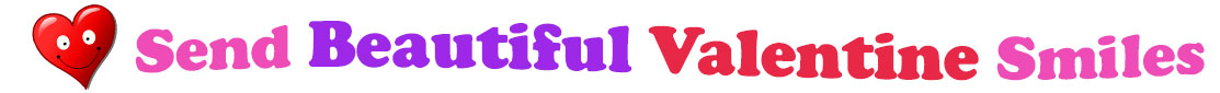 A title and an icon at the top of the Beautiful Valentine's Day eCards page. On the left side, slightly tilted, is a red heart with two big eyes and a wide smile. To its right is the title of the page in red, purple and pink letters that reads, "Send Beautiful Valentine's Day Smiles."