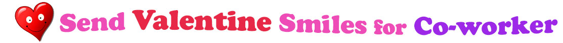 A title and an icon at the top of the Valentine's Day eCards for Co-Worker page. On the left side, slightly tilted, is a red heart with two big eyes and a wide smile. To its right is the title of the page in red, purple and pink letters that reads, "Send Valentine's Day Smiles for Co-Worker."