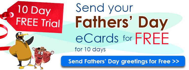 A big red price tag saying "10 Day Free Trial" to the right of a title in pale turquoise saying "Send cards for free with a..." Below the tag is a button to tap leading to the sign up page for the 10 Day free trial.
