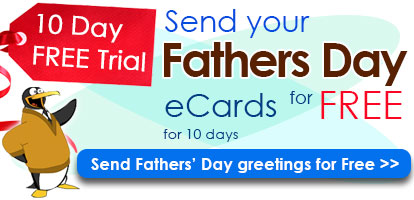 A big red price tag saying "10 Day Free Trial" to the right of a title in pale turquoise saying "Send cards for free with a..." Below the tag is a button to tap leading to the sign up page for the 10 Day free trial.
