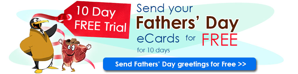 A big red price tag saying "10 Day Free Trial" to the right of a title in pale turquoise saying "Send cards for free with a..." Below the tag is a button to tap leading to the sign up page for the 10 Day free trial.