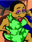 A 30-something black woman in a green flowered dress, sitting at the table of her favorite cafe.