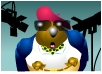 A bear dressed as a movie director in a beret, and large sunglasses, stands on the set of a movie.