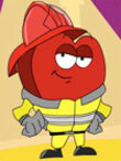 A heart in a firefighter's uniform looks at the viewer flirtatiously.