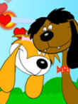 Two puppies snuggle against each other, and hearts dance around their heads.