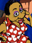 A 30-something black woman wearing a heart covered dress in a cafe.