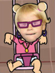 A baby in a swing, with sunglasses, big hoop earrings, and gold medallions around its neck.