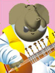 An elephant sits on a pillow, playing the sitar.