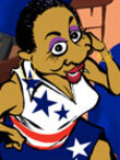 A sassy, 30-something black woman is sitting at a table in her favorite coffee shop. She is wearing a festive white dress with red, and blue stars and stripes on it.
