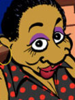 A black woman in a black shirt with red polka dots. The character in this holiday ecard for friend is looking at the viewer with a sassy look on her face.