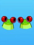 A pair of frogs, partially out of the water of their pond, gaze at each other happily.