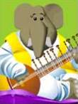 An elephant in yellow and white robes sits on a pillow. He is playing the sitar.