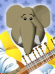 An elephant in yellow and white robes plays the sitar.