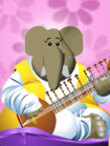 An elephant in a flowing robe plays the sitar.