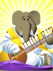 An elephant in yellow and white robes sits on a pillow. He is playing the sitar.