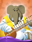 An elephant in a flowing robe plays the sitar.
