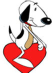 A dog riding on a Valentine's heart.