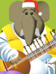 A cartoon elephant sits cross legged on a pillow. He is wearing yellow and white robes, and playing a sitar. Raj’s Christmas Song is written above him. 