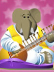A cartoon elephant sits cross legged on a pillow. He is wearing yellow and white robes, and playing a sitar. Raj’s New Year is written above him.