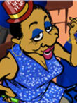 A 30-something black woman sitting at a cafe, wearing a blue sequined dress and party hat, writes her New Year’s resolutions in a notebook. The ecard title Latasha’s New Year is written below her.