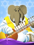 An elephant in yellow and white robes sits on a pillow. He is playing the sitar.
