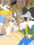 Two dogs in fancy Victorian dress in a castle.