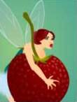 A tiny fairy struggles to lift a strawberry that is larger than she is.