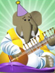 A cartoon elephant sits cross legged on a pillow. He is wearing yellow and white robes, and playing a sitar. Raj’s 70th Birthday Message is written above him.